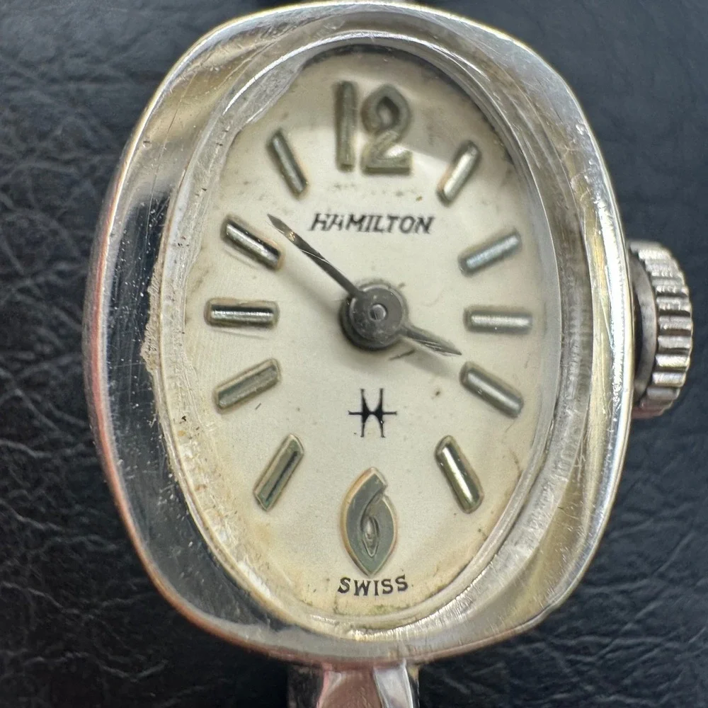 Hamilton Vintage Womens Cocktail Watch 10K RGP Bezel Silver Tone Oval Working